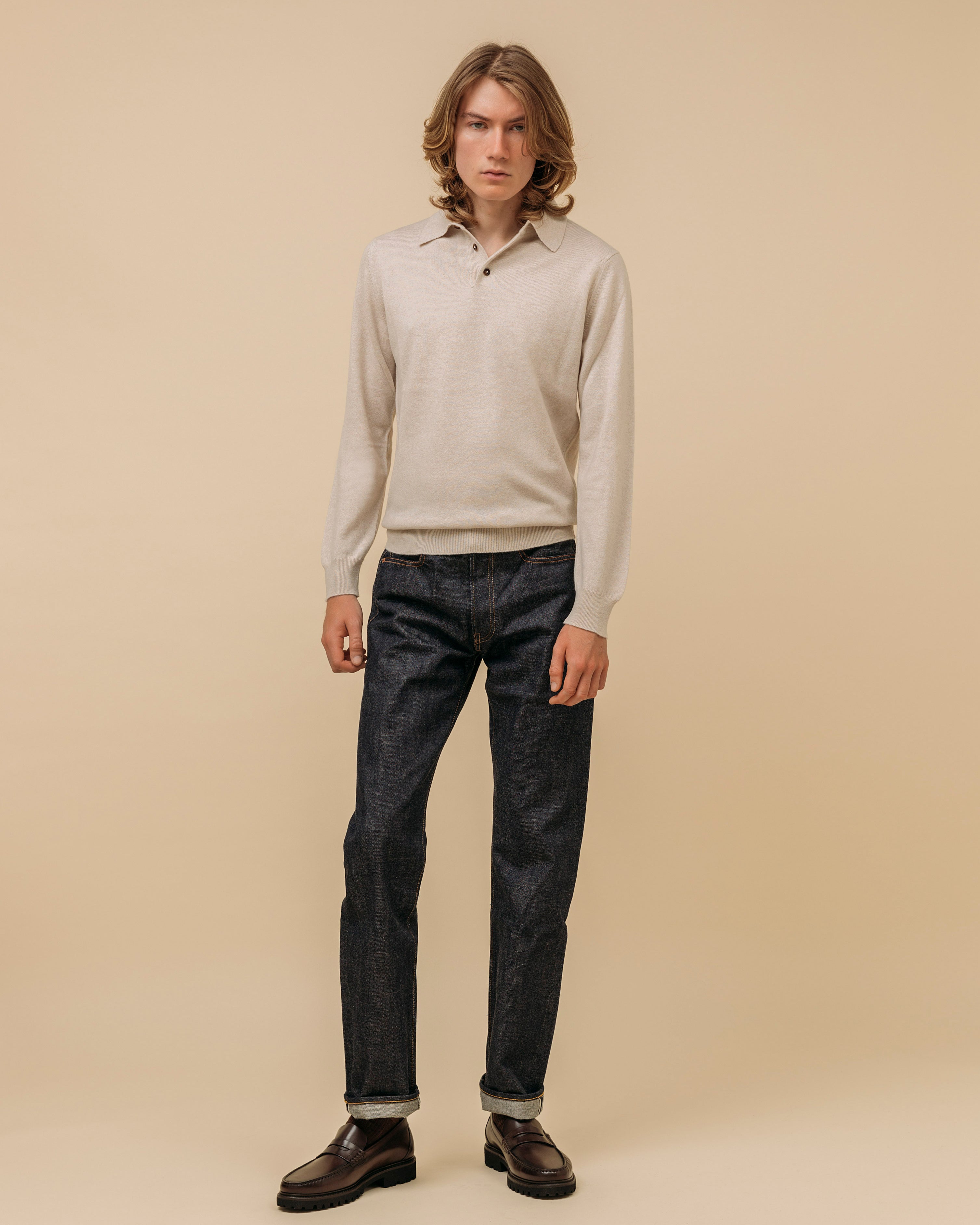 Cashmere polo shirt in oatmeal
