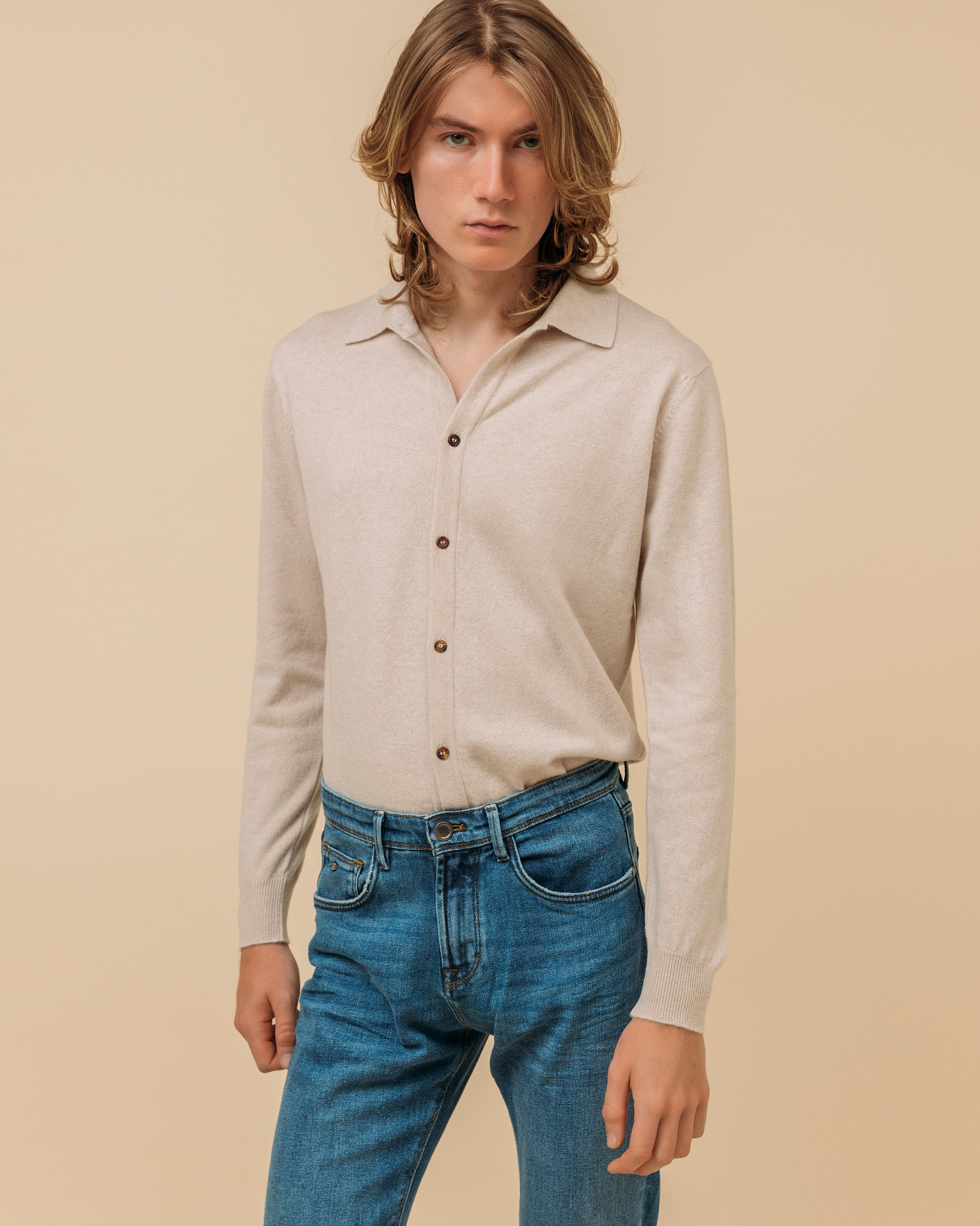 Cashmere shirt cardigan in oatmeal