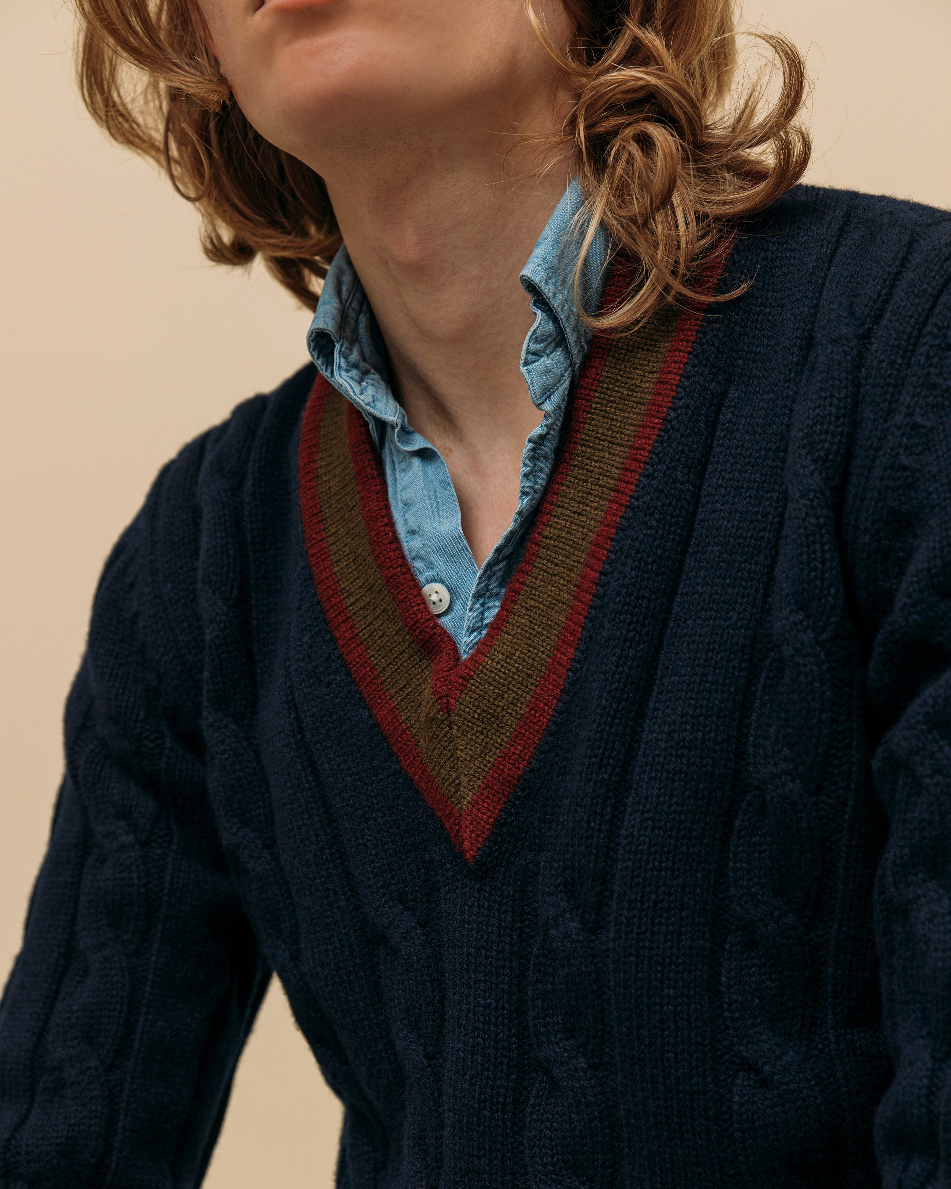 Superfine lambswool cricket sweater in navy burgundy and olive