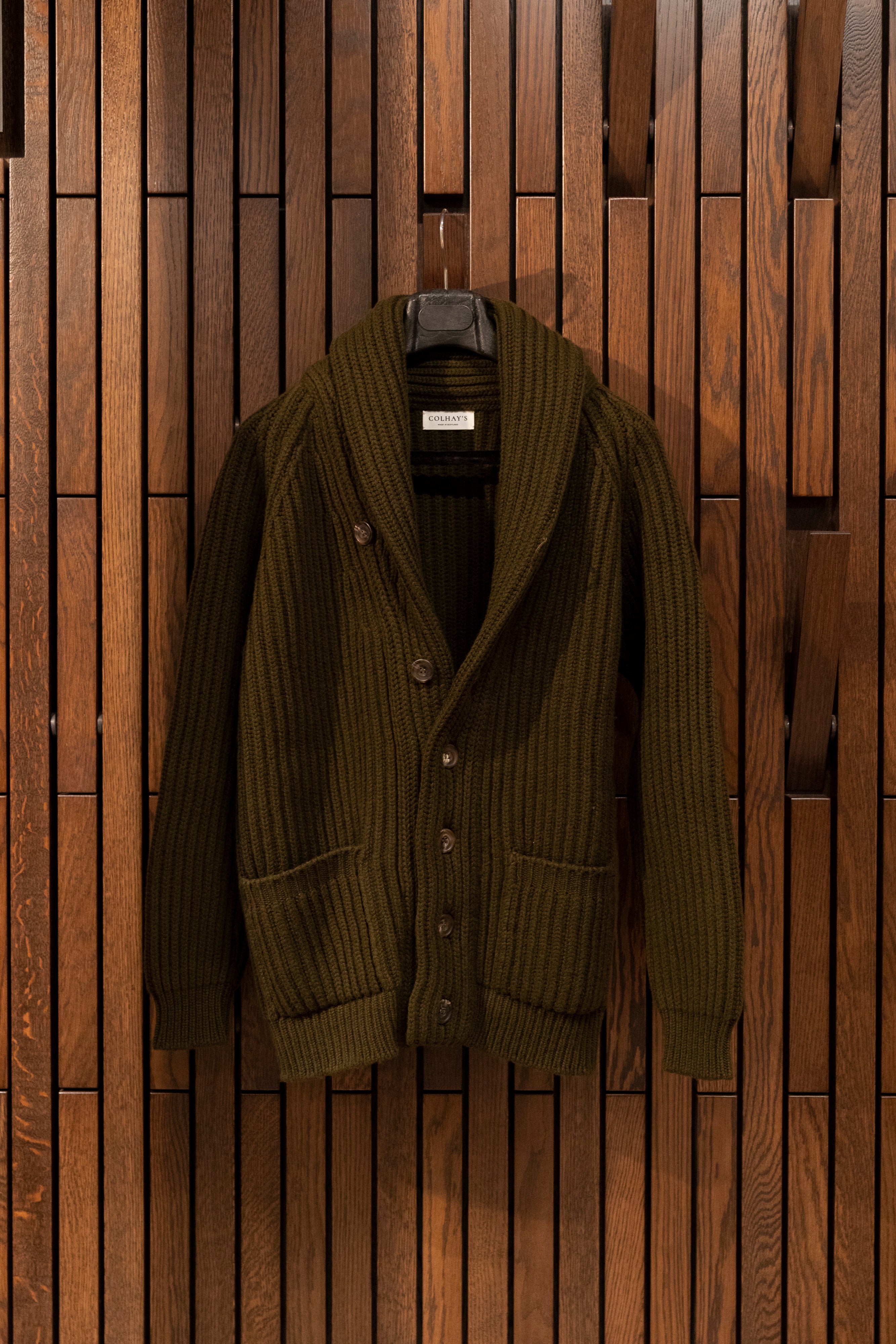 Superfine lambswool shawl collar cardigan in olive