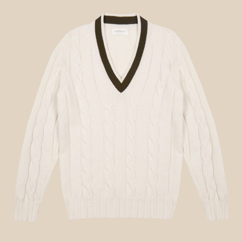 Superfine lambswool cricket sweater in cream and olive