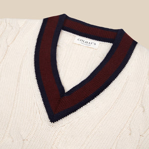 Superfine lambswool cricket sweater in cream navy and burgundy