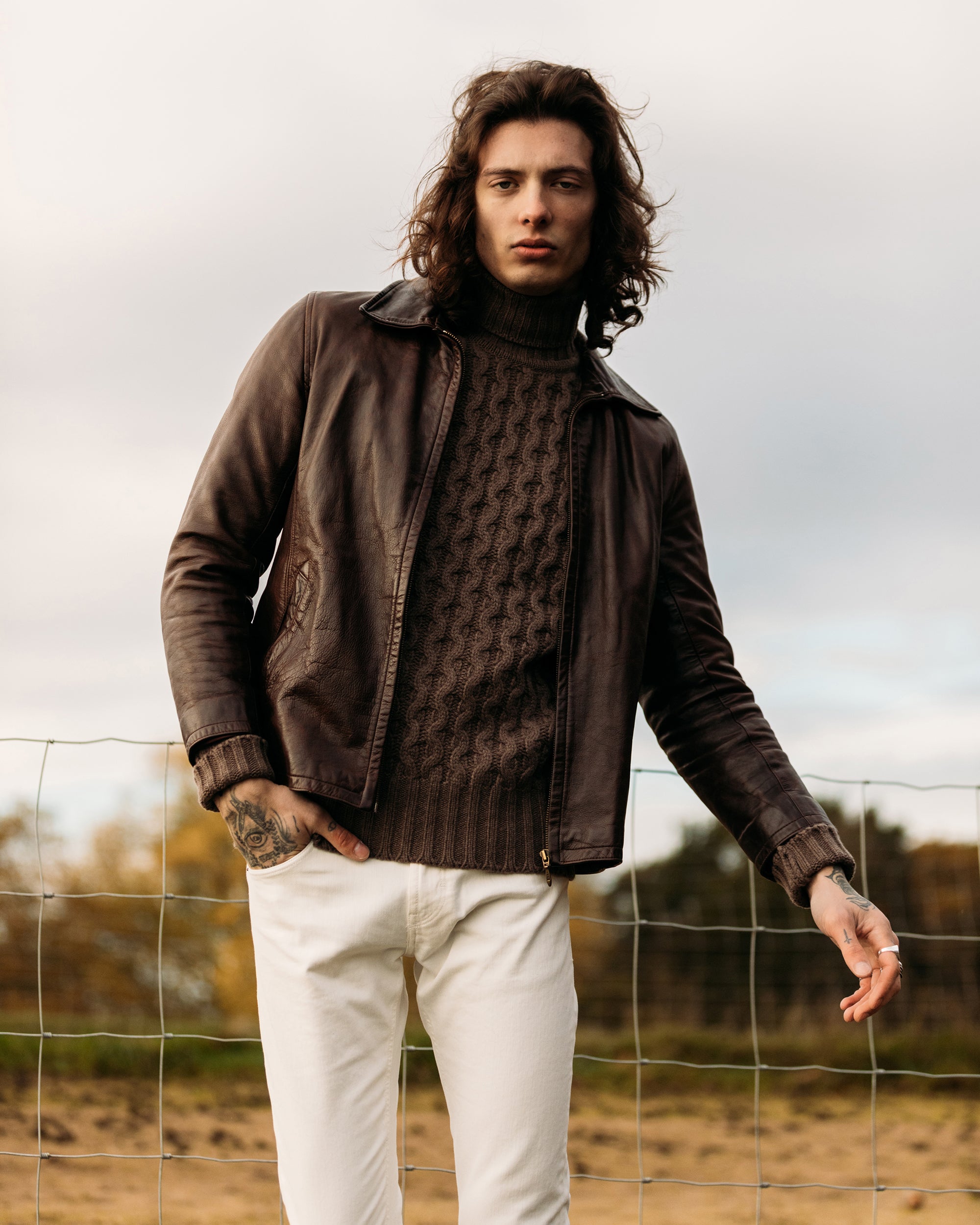 Superfine lambswool fisherman cable rollneck in tobacco brown - Colhay's