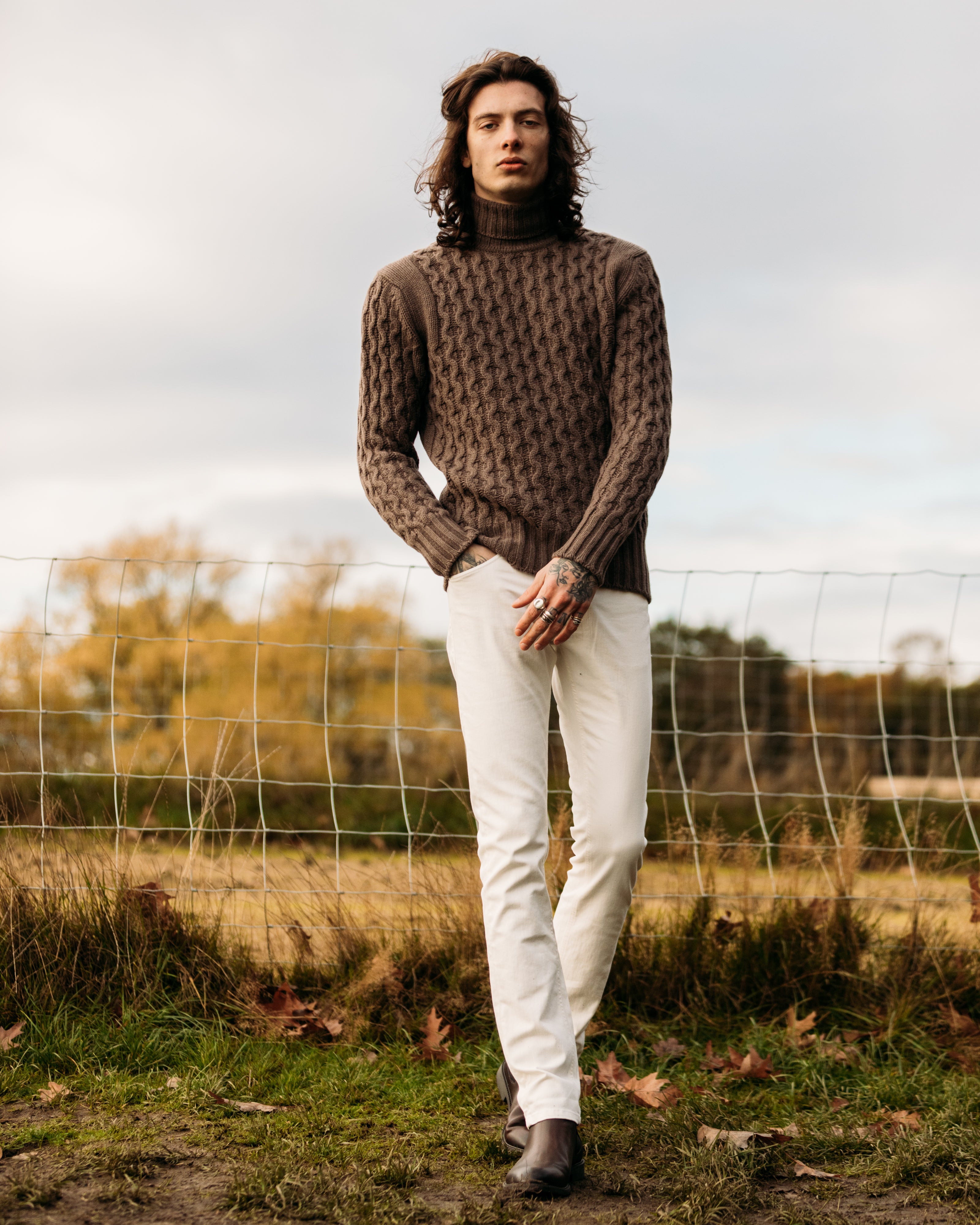 Superfine lambswool fisherman cable rollneck in tobacco brown - Colhay's