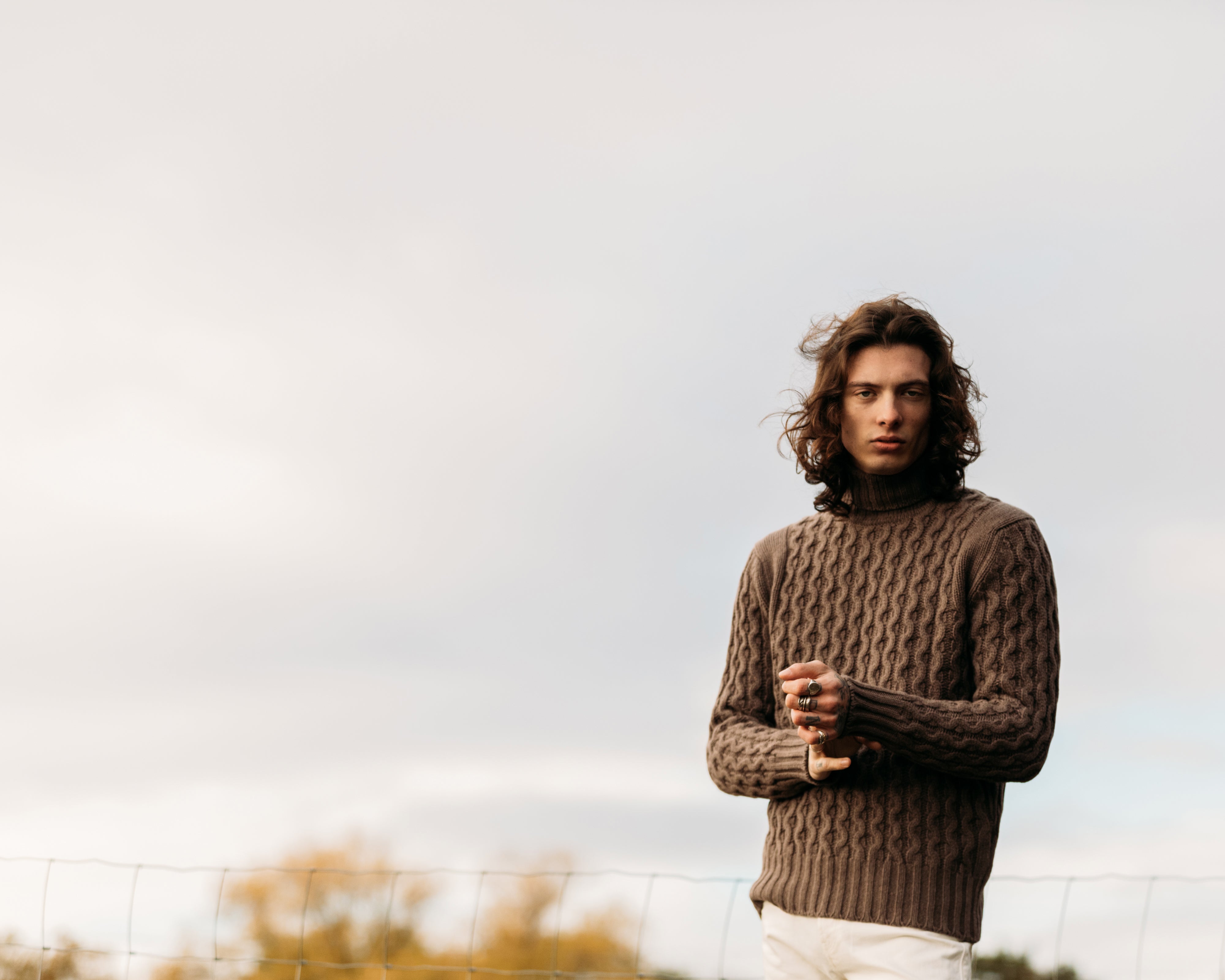 Superfine lambswool fisherman cable rollneck in tobacco brown - Colhay's