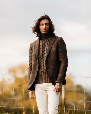 Superfine lambswool fisherman cable rollneck in tobacco brown - Colhay's