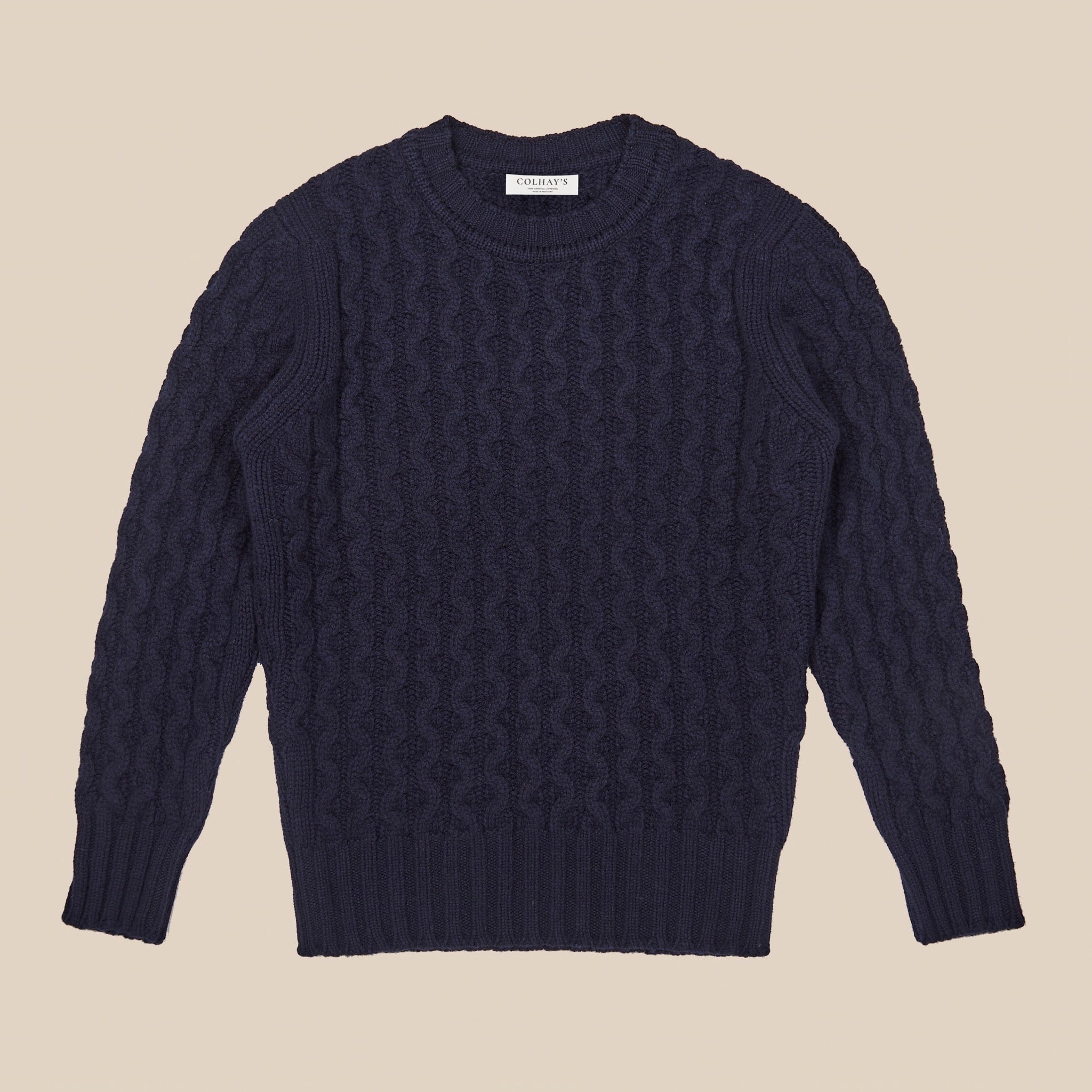 Lambswool cable knit crew neck in navy