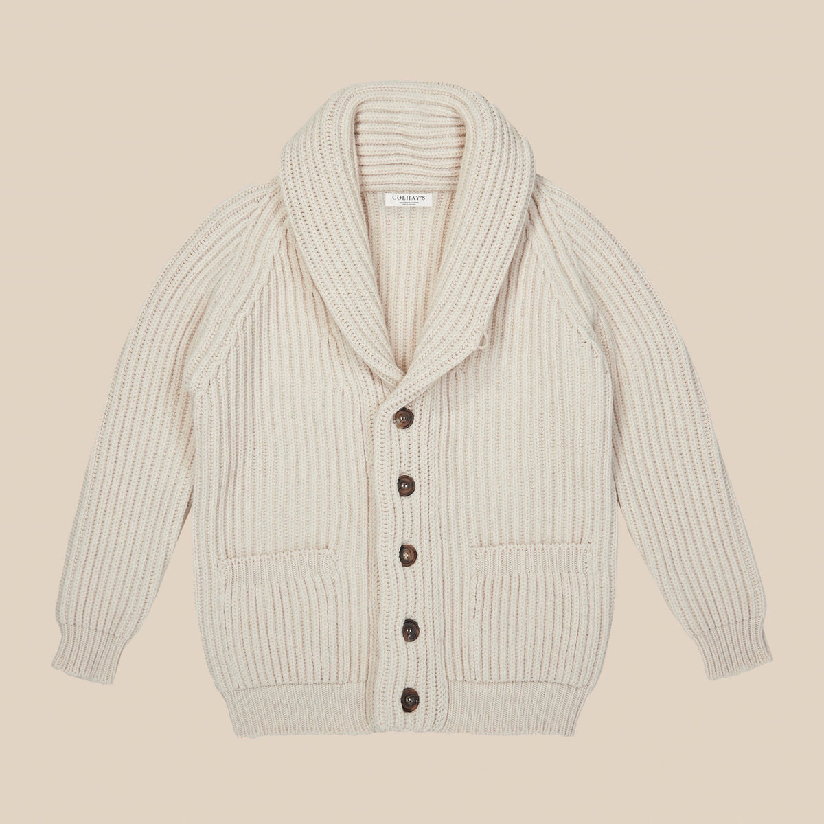 Shawl Collar Cardigan in Ecru Superfine Lambswool - Main Image