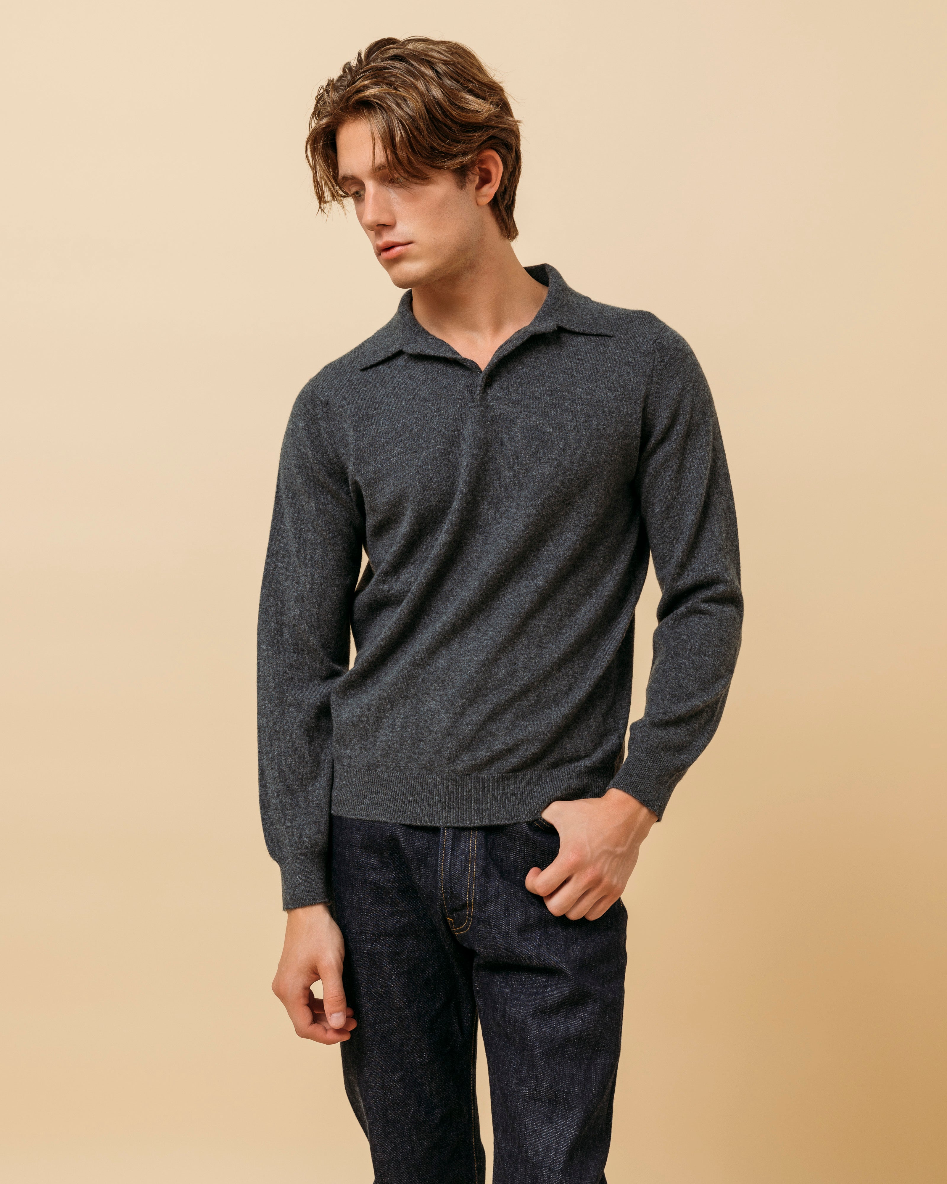 Cashmere polo shirt in grey mélange