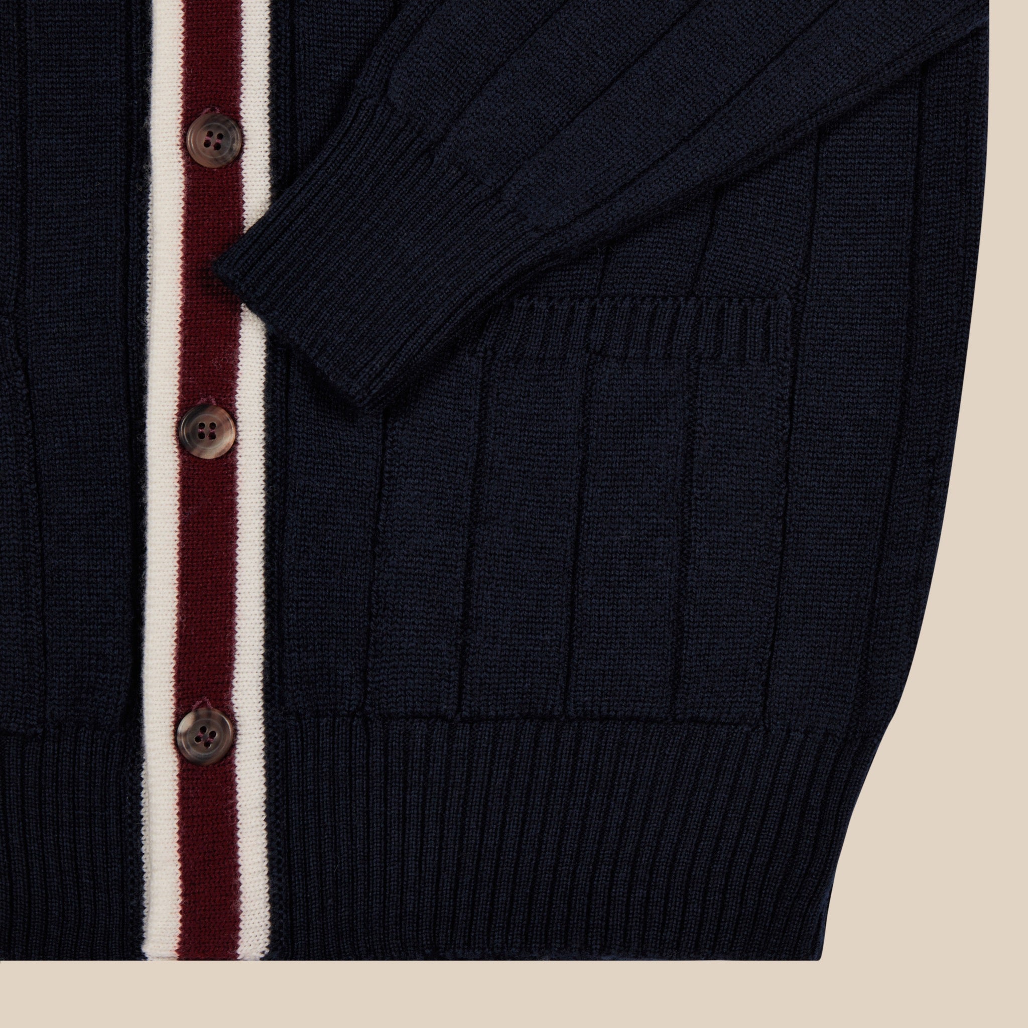 Merino club cardigan in navy cream and burgundy