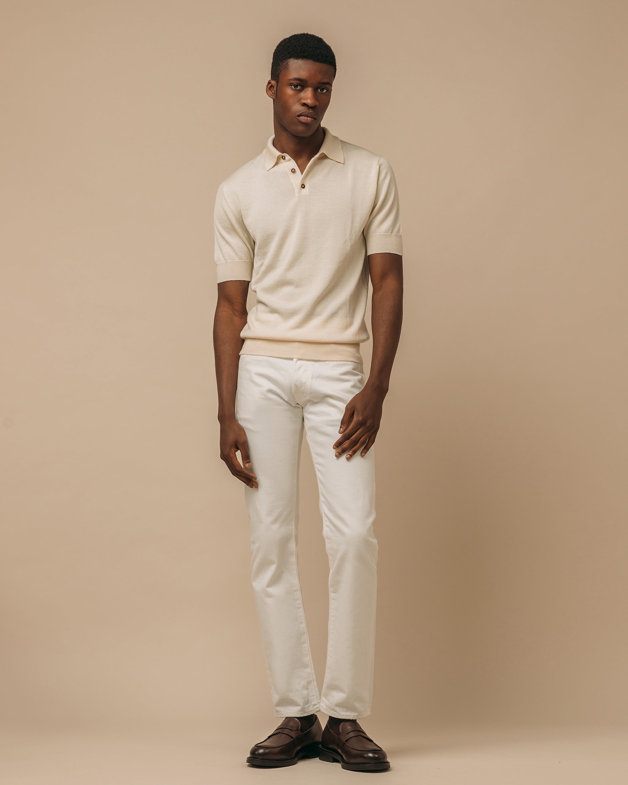 Cashmere silk tennis polo in cream - Colhay's